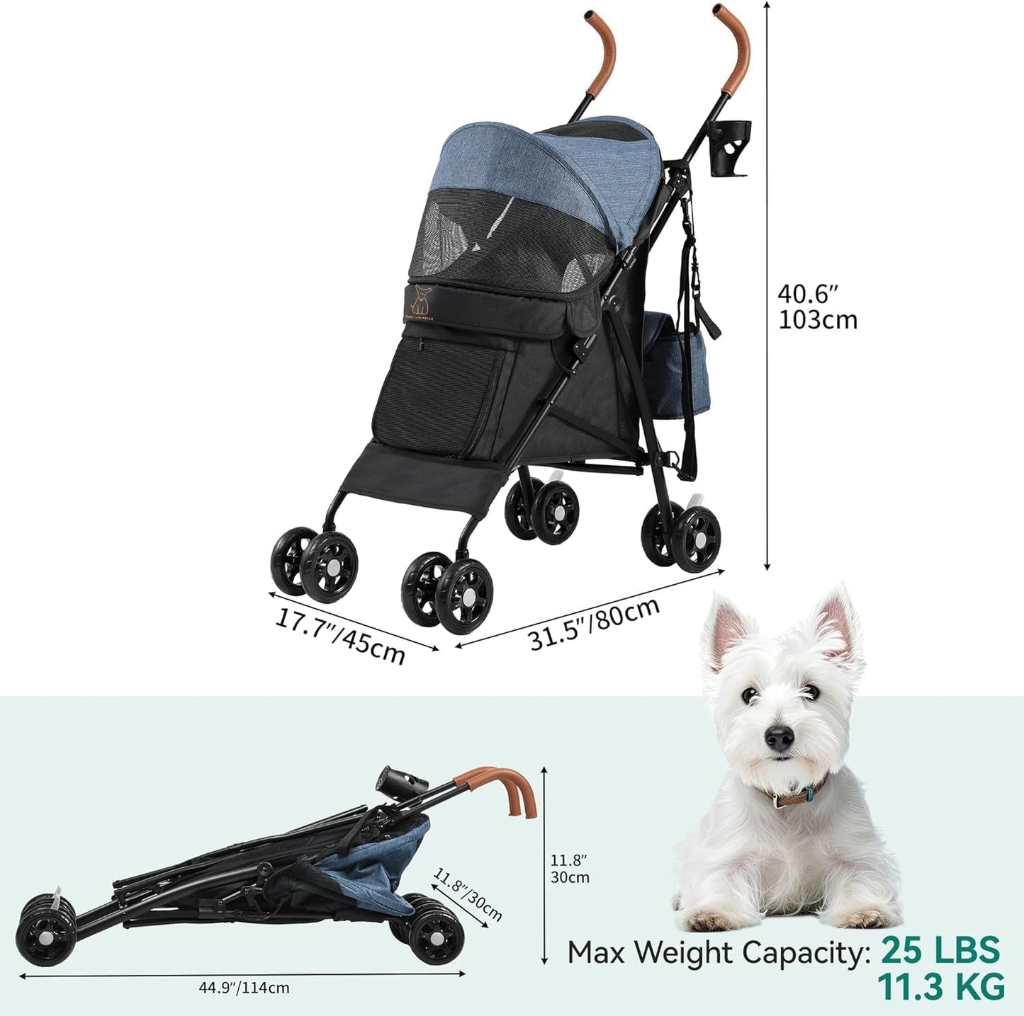Fido and Fetch Foldable Pet Stroller – 4-Wheel Dog Pushchair for Small to Medium Dogs with Cup Holder, Shoulder Straps & Storage Basket (Blue/Black)