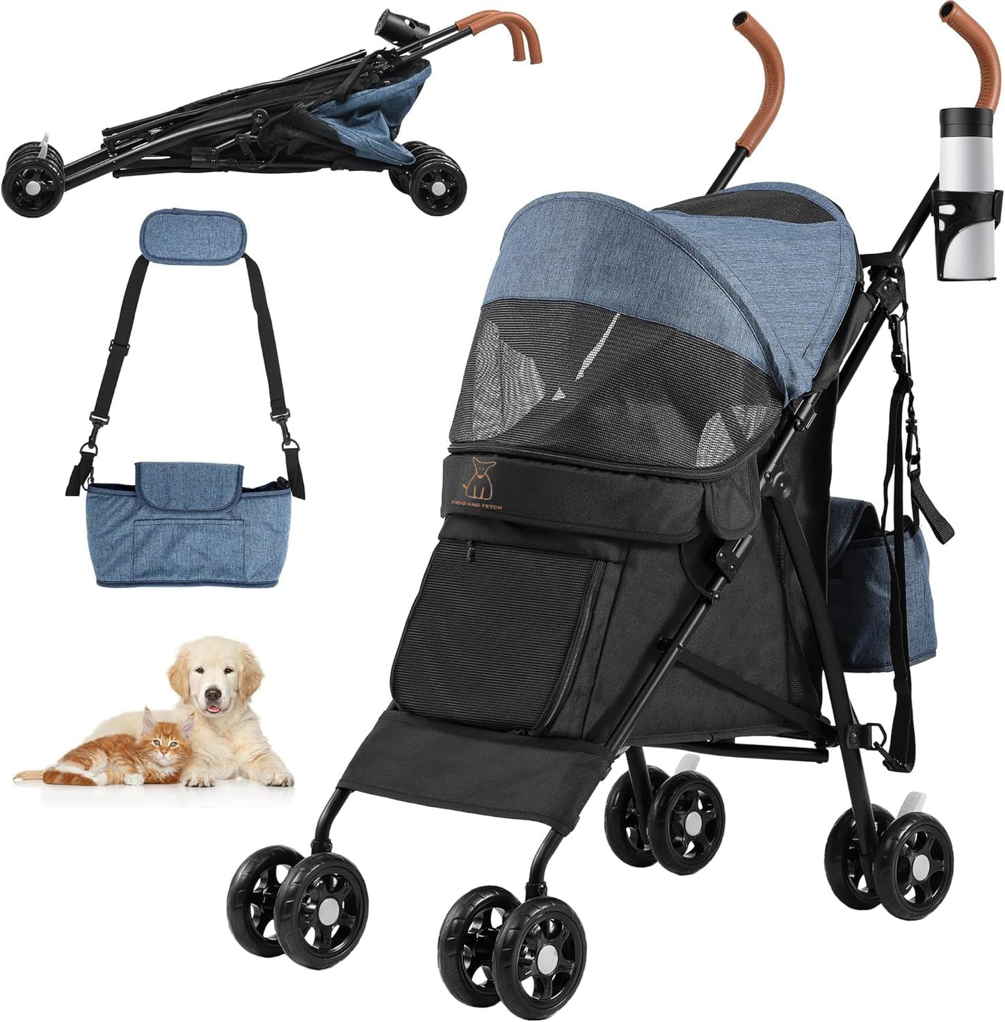Fido and Fetch Foldable Pet Stroller – 4-Wheel Dog Pushchair for Small to Medium Dogs with Cup Holder, Shoulder Straps & Storage Basket (Blue/Black)