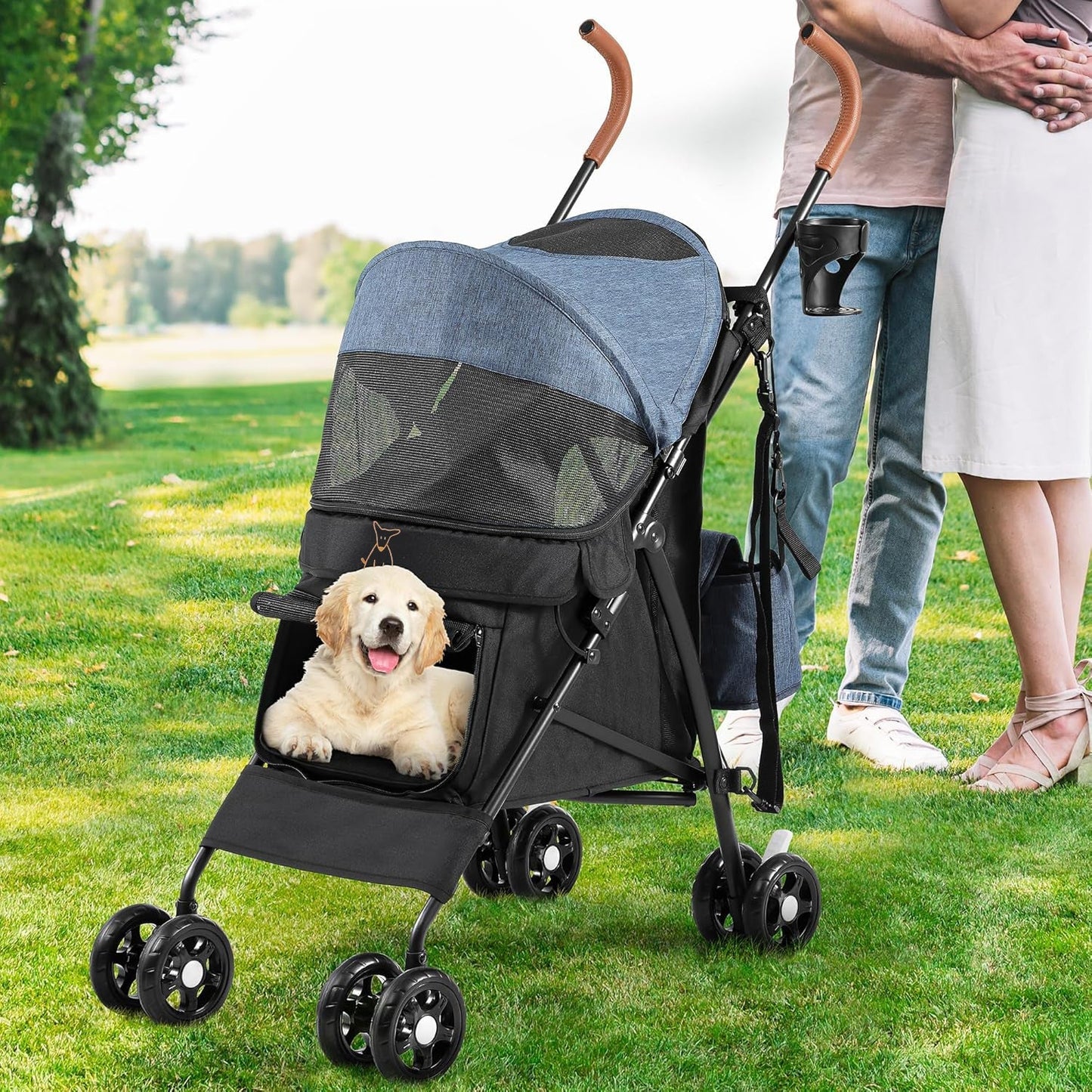 Fido and Fetch Foldable Pet Stroller – 4-Wheel Dog Pushchair for Small to Medium Dogs with Cup Holder, Shoulder Straps & Storage Basket (Blue/Black)
