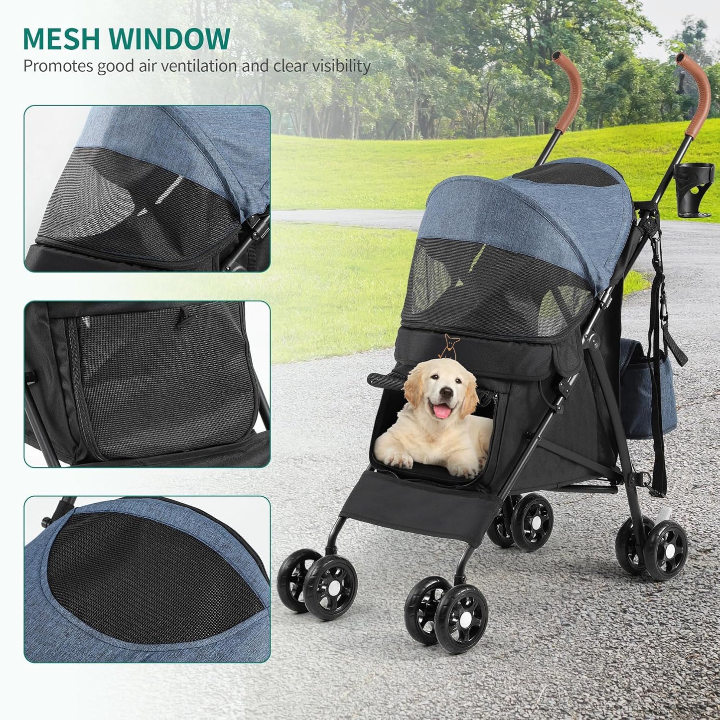 Fido and Fetch Foldable Pet Stroller – 4-Wheel Dog Pushchair for Small to Medium Dogs with Cup Holder, Shoulder Straps & Storage Basket (Blue/Black)