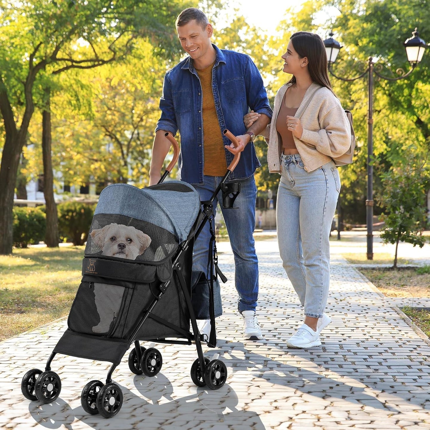 Fido and Fetch Foldable Pet Stroller – 4-Wheel Dog Pushchair for Small to Medium Dogs with Cup Holder, Shoulder Straps & Storage Basket (Blue/Black)