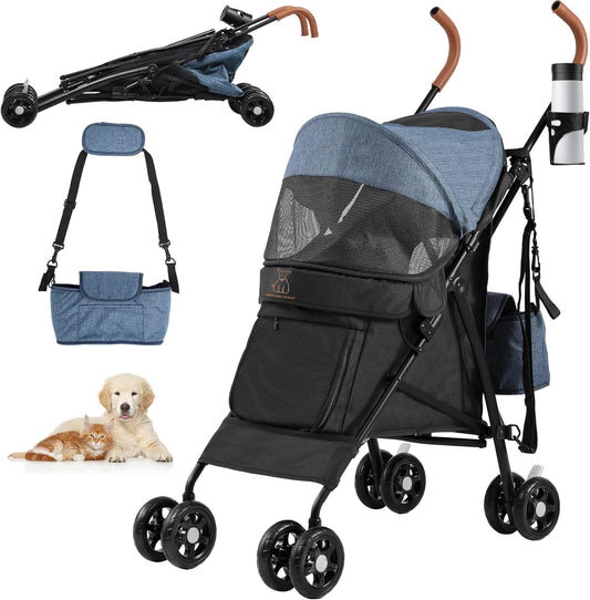 Fido and Fetch Foldable Pet Stroller – 4-Wheel Dog Pushchair for Small to Medium Dogs with Cup Holder, Shoulder Straps & Storage Basket (Blue/Black)